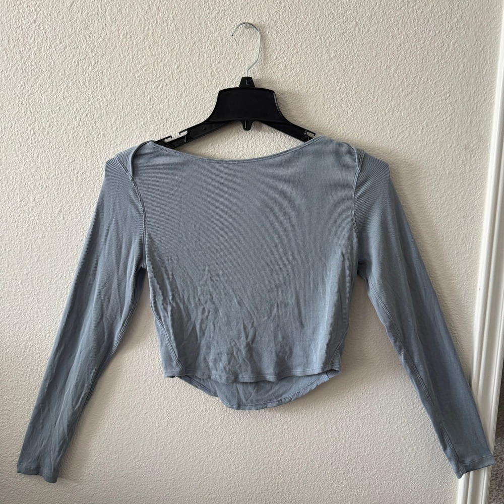 Lululemon Modal Silk Twist-Back Yoga Long Sleeve Top 8 Chambray Blue Ribbed